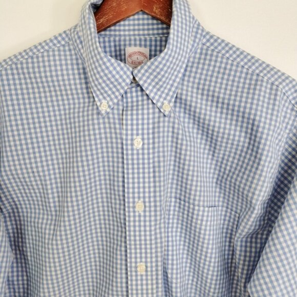 Brooks Brothers The Original Polo Shirt Blue Check Mens Large Non Iron - Picture 2 of 6